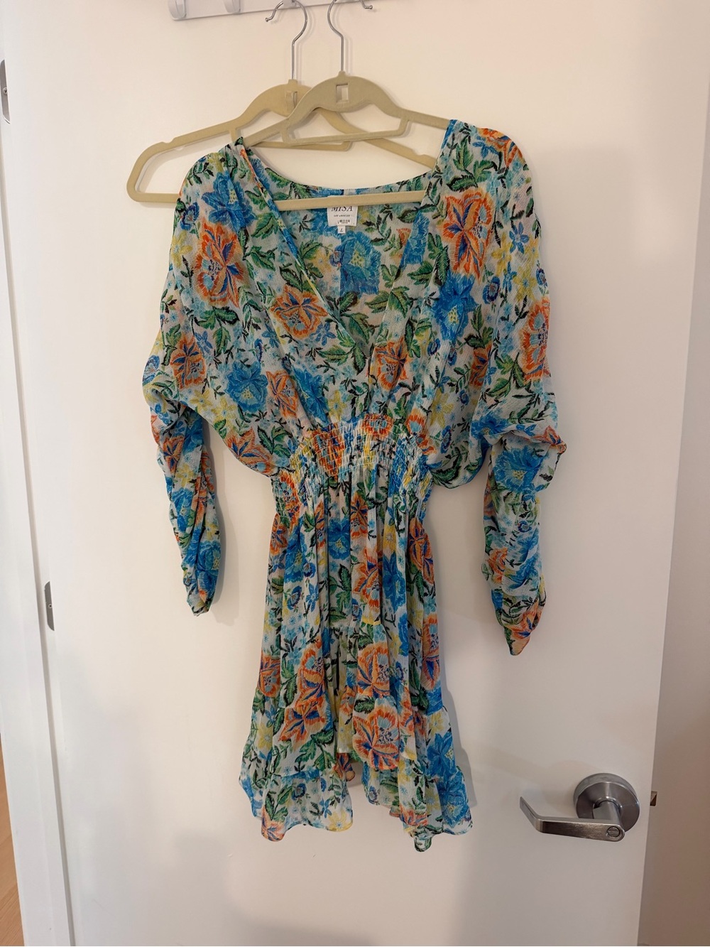 MISA Los Angeles Light Blue Floral V-Neck Smocked Waist dress